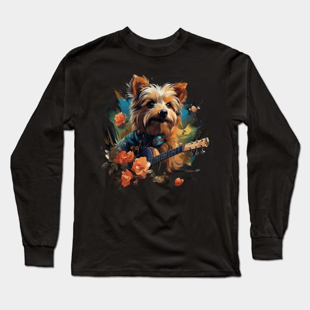 Australian Terrier Playing Guitar Long Sleeve T-Shirt by JH Mart